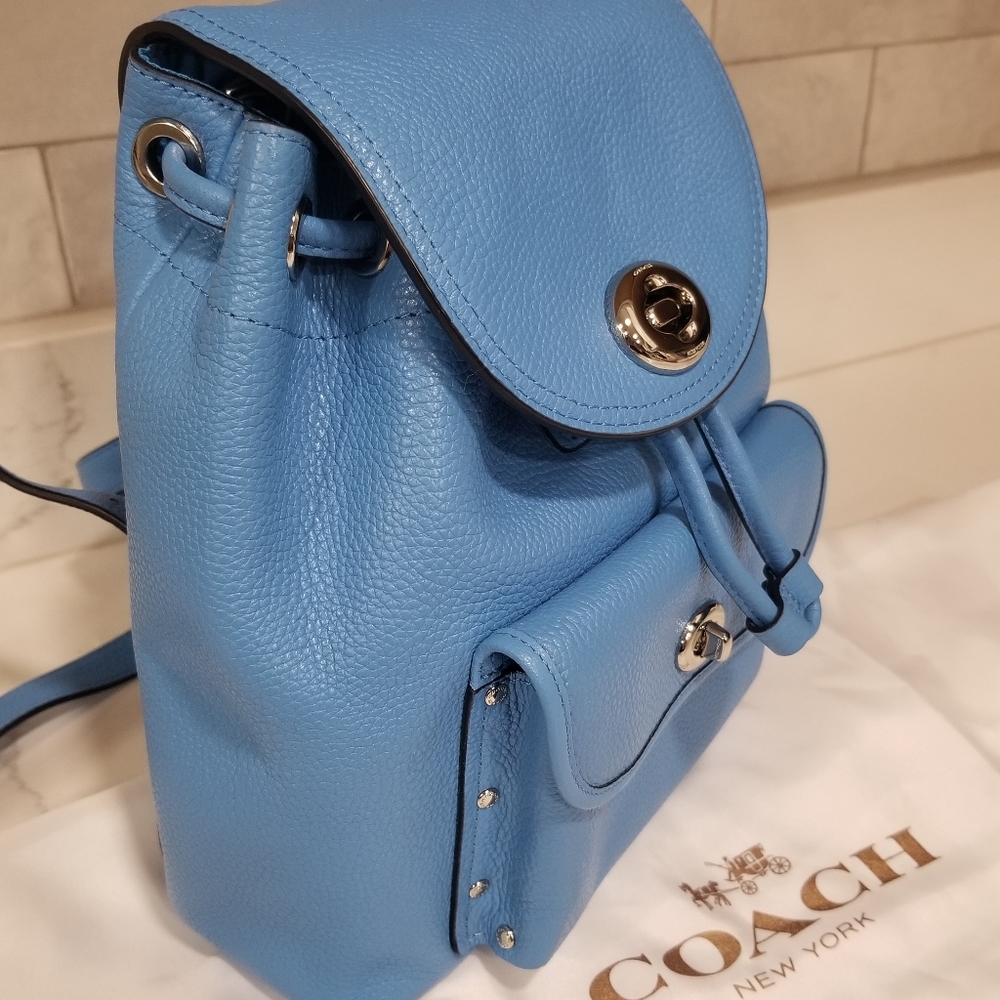 SOLD! NWOT! Coach Mini Turnlock Rucksack Backpack Pebbled Leather Azure Blue - Picture 12 of 16